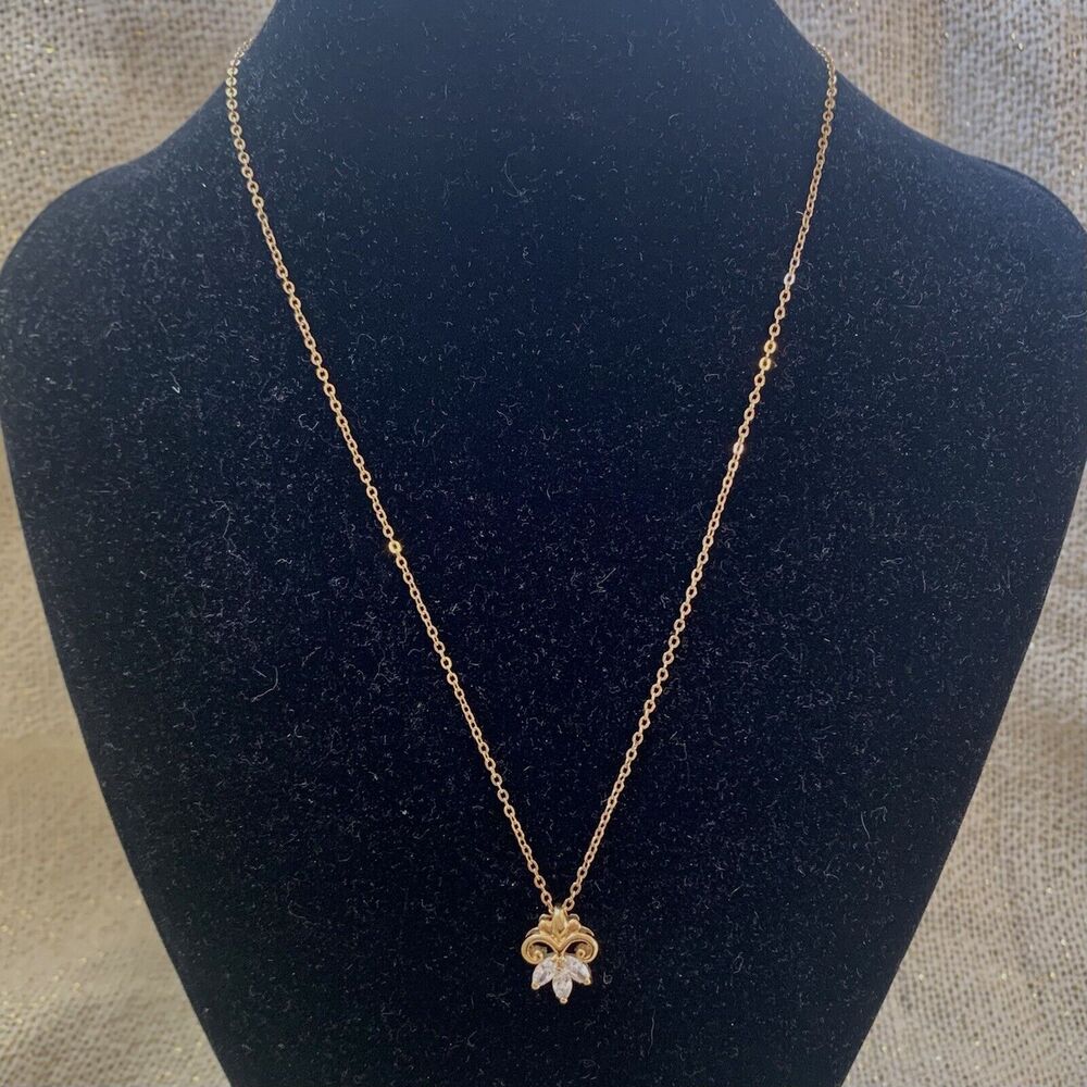 Lind 14K GE Gold Plated Fleur De Lis Pendant Necklace Clear Rhinestone Dainty